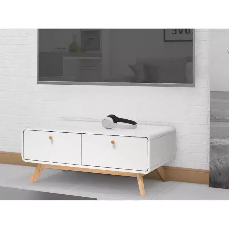 Ren Home Leva Meuble TV Scandinave Courbé 2 Tiroirs, Blanc