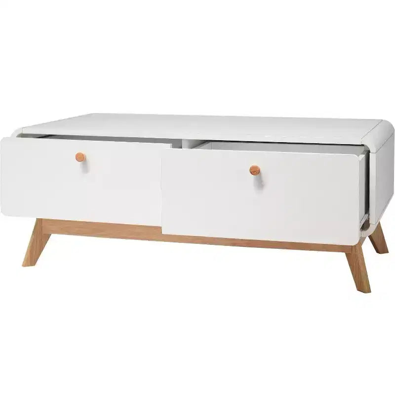 Ren Home Leva Meuble TV Scandinave Courbé 2 Tiroirs, Blanc