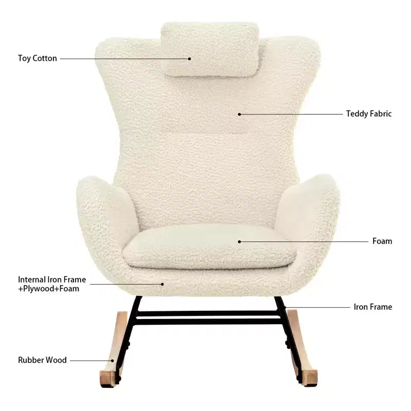 Fauteuil à bascule Teddy en tissu bouclette avec pieds en bois d'hévéa - ModernLuxe