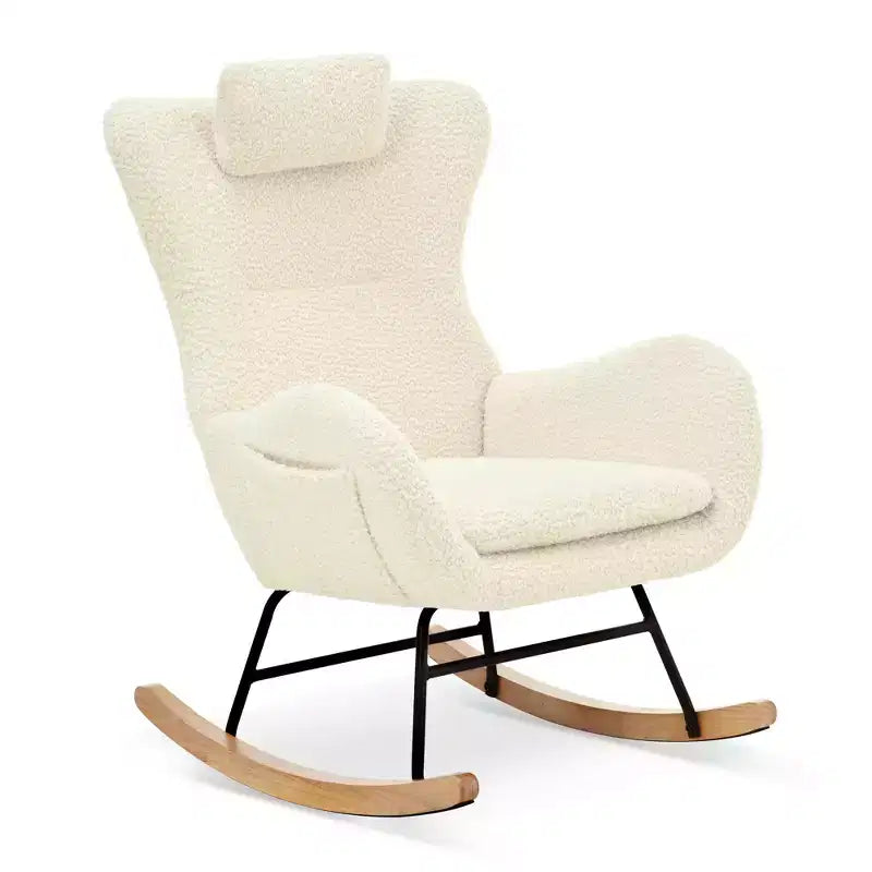 Fauteuil à bascule Teddy en tissu bouclette avec pieds en bois d'hévéa - ModernLuxe