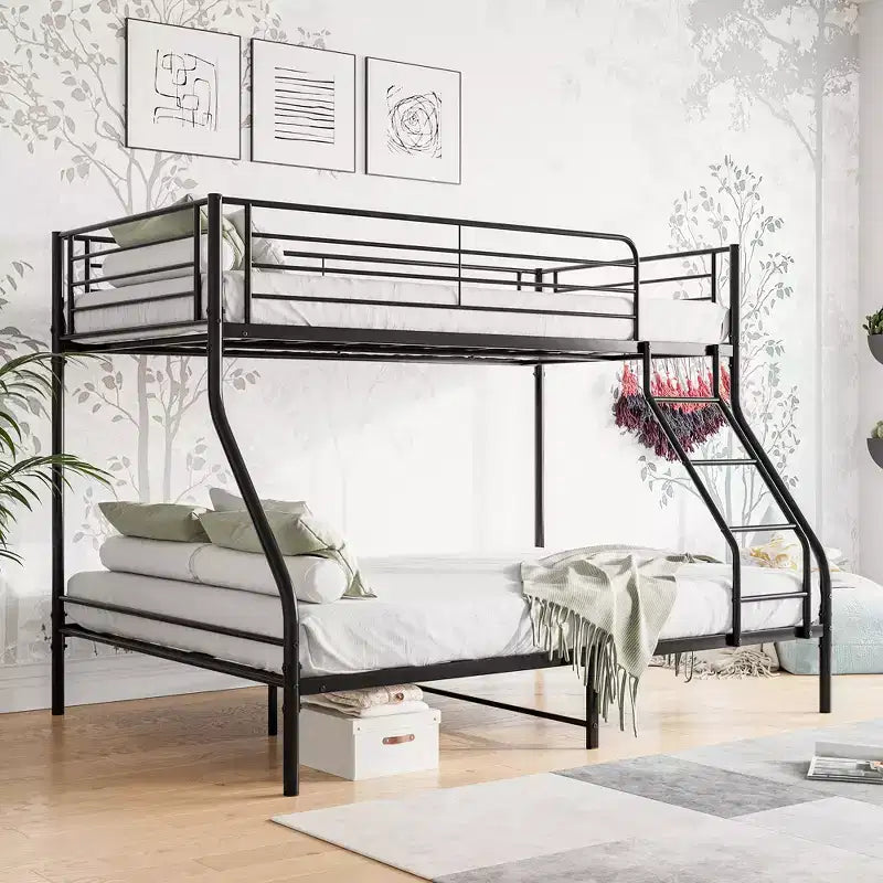 Lit superposé en métal une place et demi avec échelle et garde-corps supérieur amélioré, noir - ModernLuxe