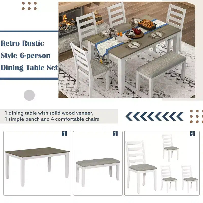 Ensemble de salle à manger rustique en bois 6 pièces, table rectangulaire avec 4 chaises et banc-ModernLuxe
