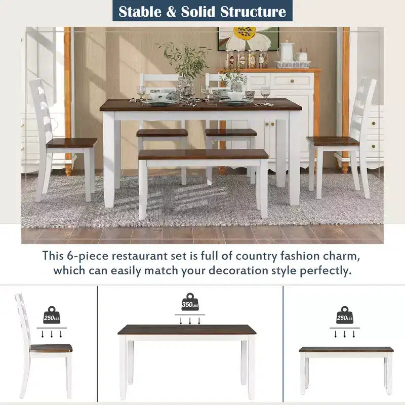 Ensemble de salle à manger rustique en bois 6 pièces, table rectangulaire avec 4 chaises et banc-ModernLuxe