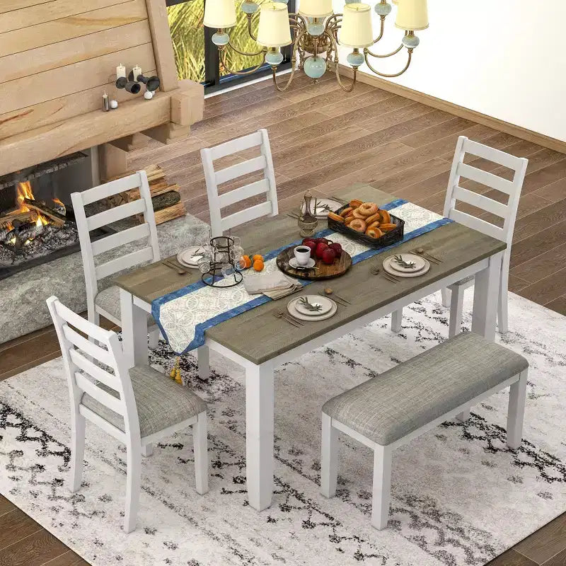 Ensemble de salle à manger rustique en bois 6 pièces, table rectangulaire avec 4 chaises et banc-ModernLuxe
