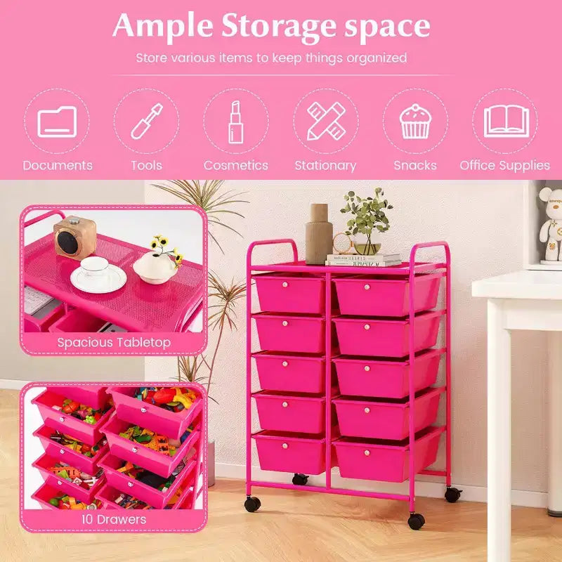 Costway Chariot de rangement à 10 tiroirs Desserte roulante de cuisine/bureau Noir/Transparent/Macaron/Gris/Dégradé de noir/Multicolore/Rose/Arc-en-ciel et blanc/Rose vif/Rose peau/Violet