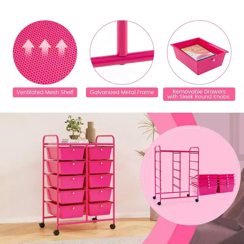 Costway Chariot de rangement à 10 tiroirs Desserte roulante de cuisine/bureau Noir/Transparent/Macaron/Gris/Dégradé de noir/Multicolore/Rose/Arc-en-ciel et blanc/Rose vif/Rose peau/Violet