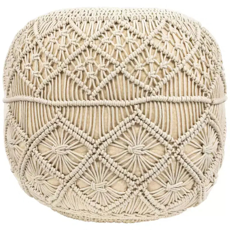 Northlight 18 Solid Cream Macrame Round Handmade Natural Cotton Pouf Ottoman