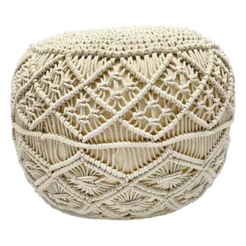 Northlight 18 Pouf Ottoman Rond en Macramé Crème Uni Fait Main en Coton Naturel