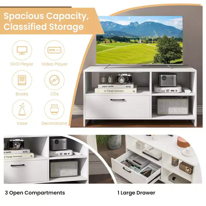 Meuble TV moderne Costway avec 3 compartiments ouverts, centre de divertissement pour téléviseurs jusqu'à 55 pouces