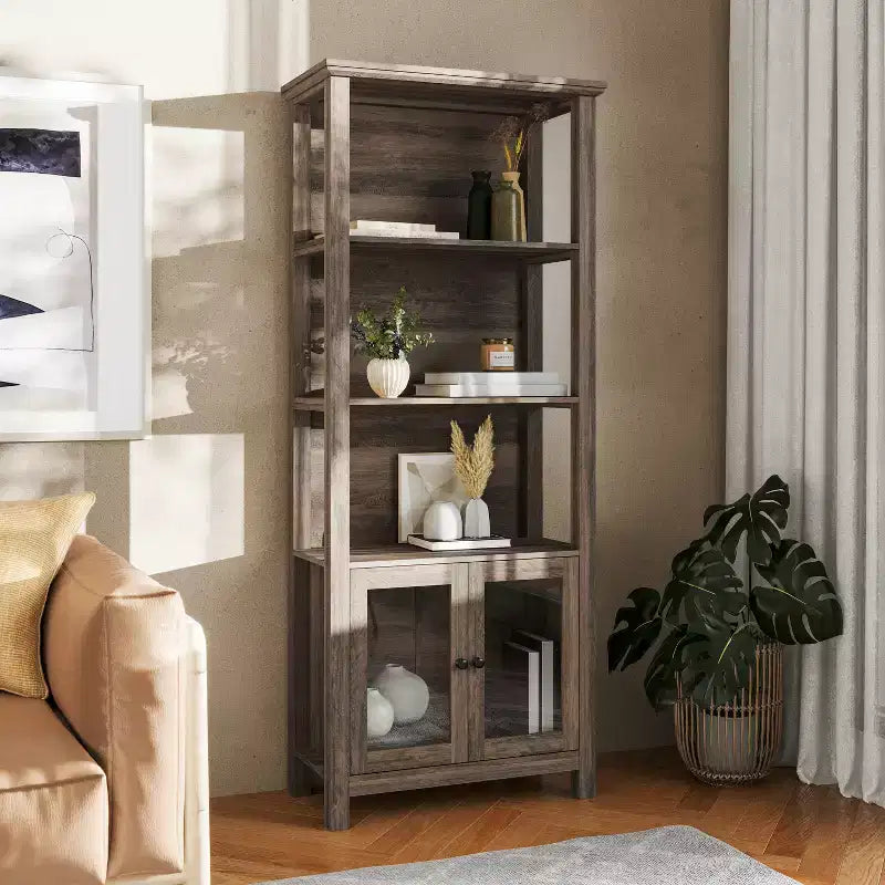 Flash Furniture Stella, bibliothèque et armoire de rangement modernes de style ferme en bois avec portes en verre trempé et 3 étagères supérieures