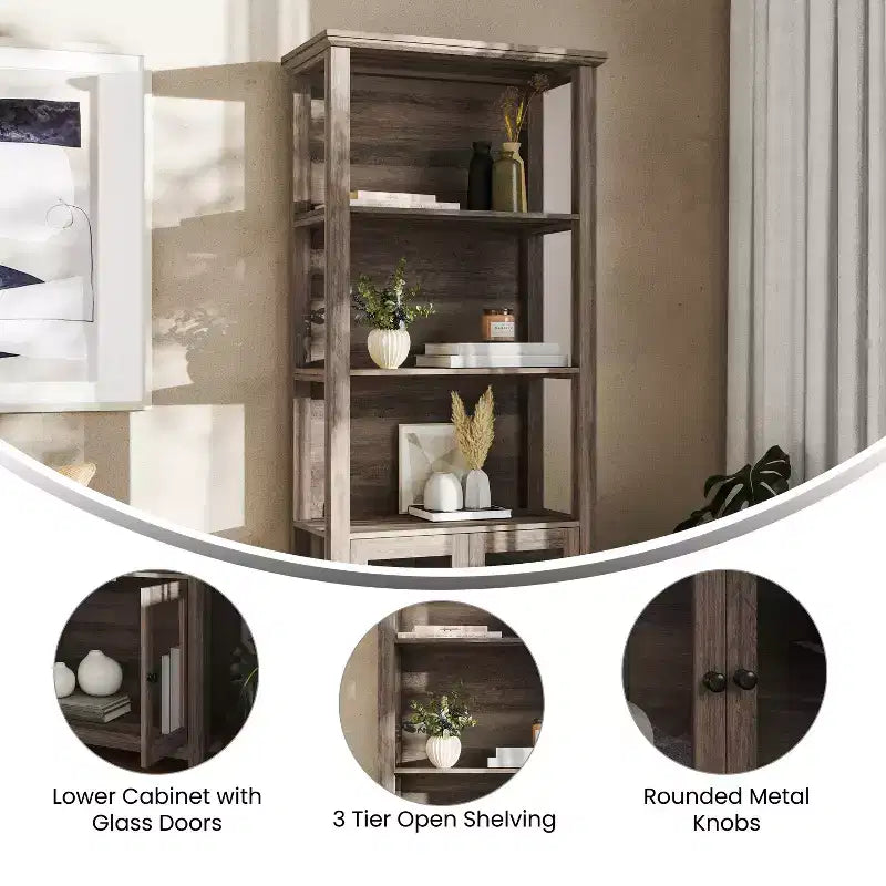 Flash Furniture Stella, bibliothèque et armoire de rangement modernes de style ferme en bois avec portes en verre trempé et 3 étagères supérieures