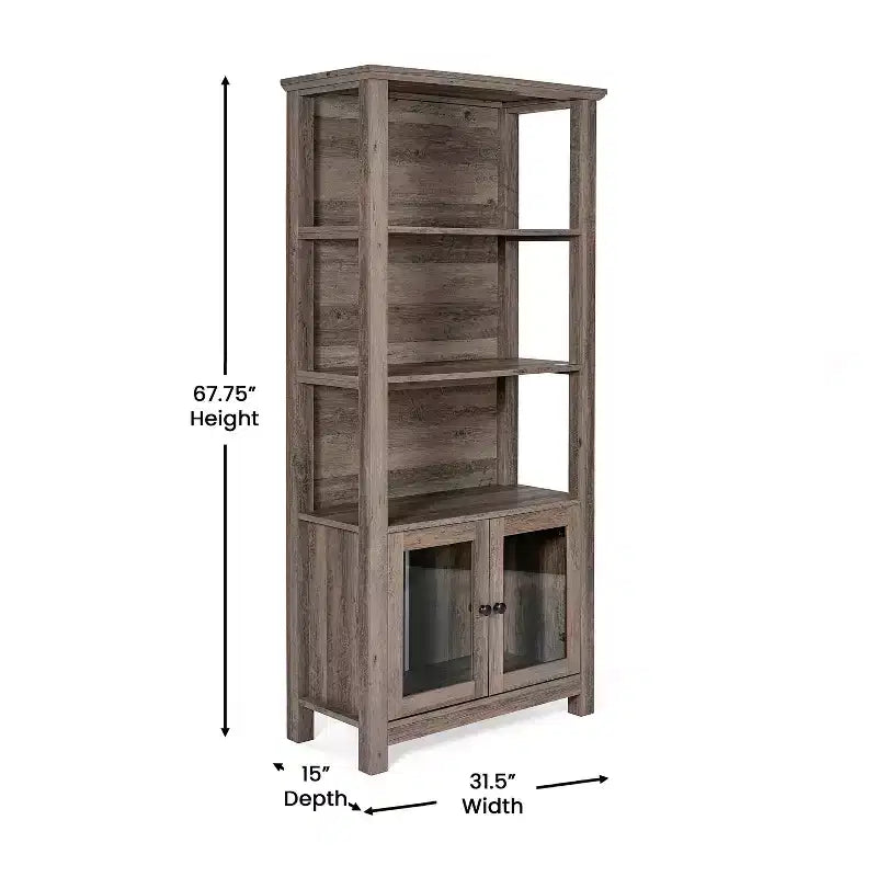 Flash Furniture Stella, bibliothèque et armoire de rangement modernes de style ferme en bois avec portes en verre trempé et 3 étagères supérieures