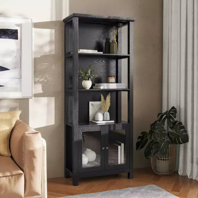 Flash Furniture Stella, bibliothèque et armoire de rangement modernes de style ferme en bois avec portes en verre trempé et 3 étagères supérieures