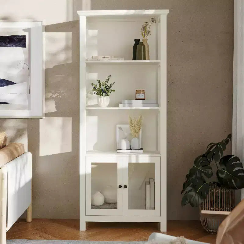 Flash Furniture Stella, bibliothèque et armoire de rangement modernes de style ferme en bois avec portes en verre trempé et 3 étagères supérieures
