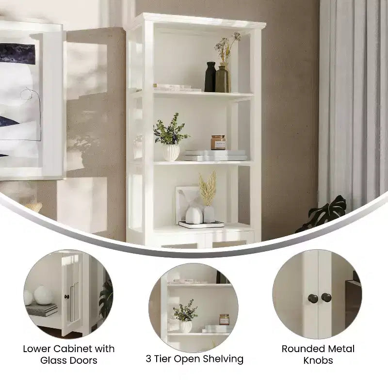 Flash Furniture Stella, bibliothèque et armoire de rangement modernes de style ferme en bois avec portes en verre trempé et 3 étagères supérieures