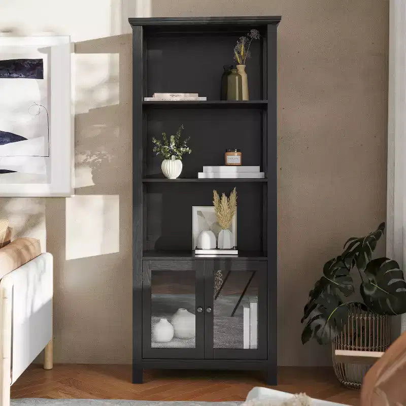 Flash Furniture Stella, bibliothèque et armoire de rangement modernes de style ferme en bois avec portes en verre trempé et 3 étagères supérieures