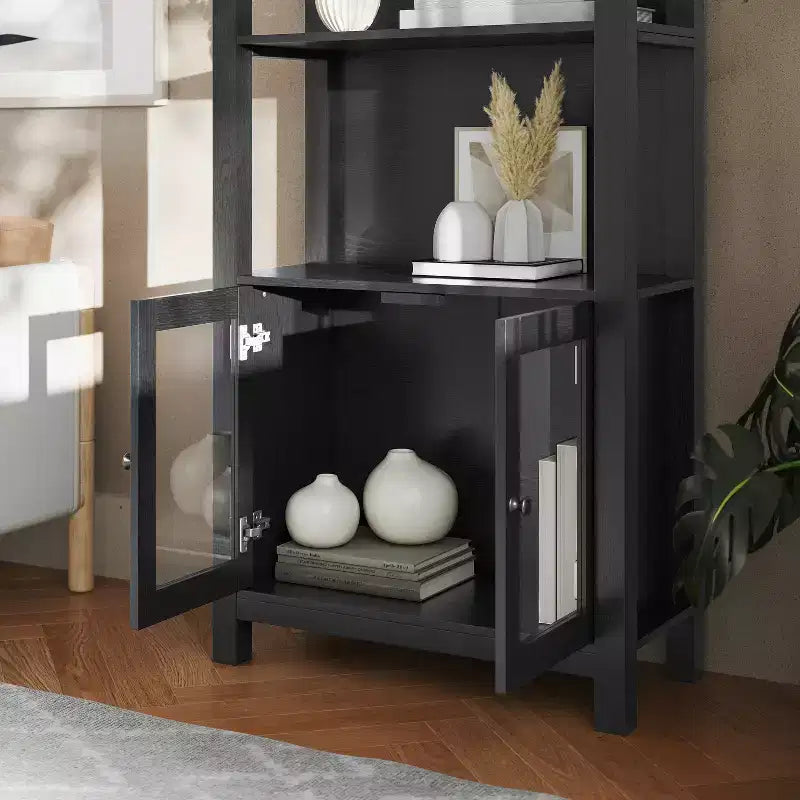 Flash Furniture Stella, bibliothèque et armoire de rangement modernes de style ferme en bois avec portes en verre trempé et 3 étagères supérieures