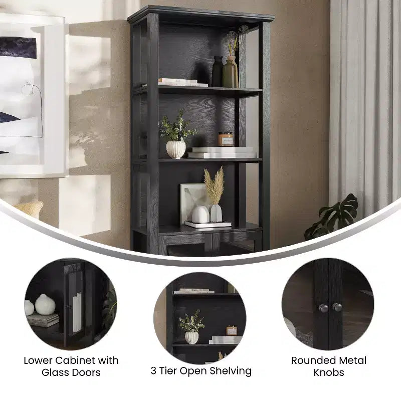 Flash Furniture Stella, bibliothèque et armoire de rangement modernes de style ferme en bois avec portes en verre trempé et 3 étagères supérieures