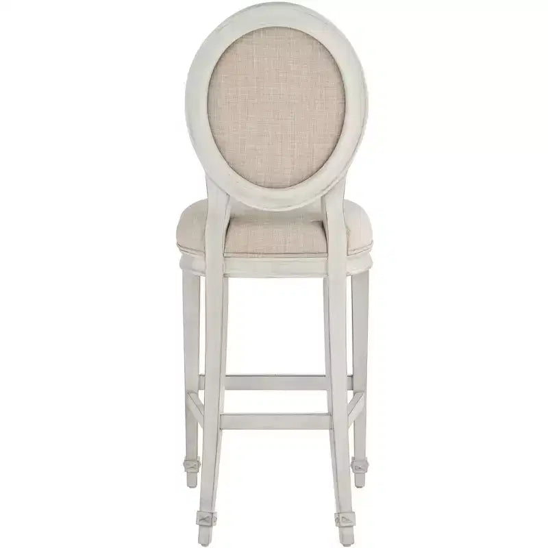 Tabouret de bar en bois 55 Downing Street, crème vanille, hauteur 31", coussin d'assise en amande style rétro vintage français, avec dossier et repose-pieds, pour îlot de cuisine à hauteur de comptoir
