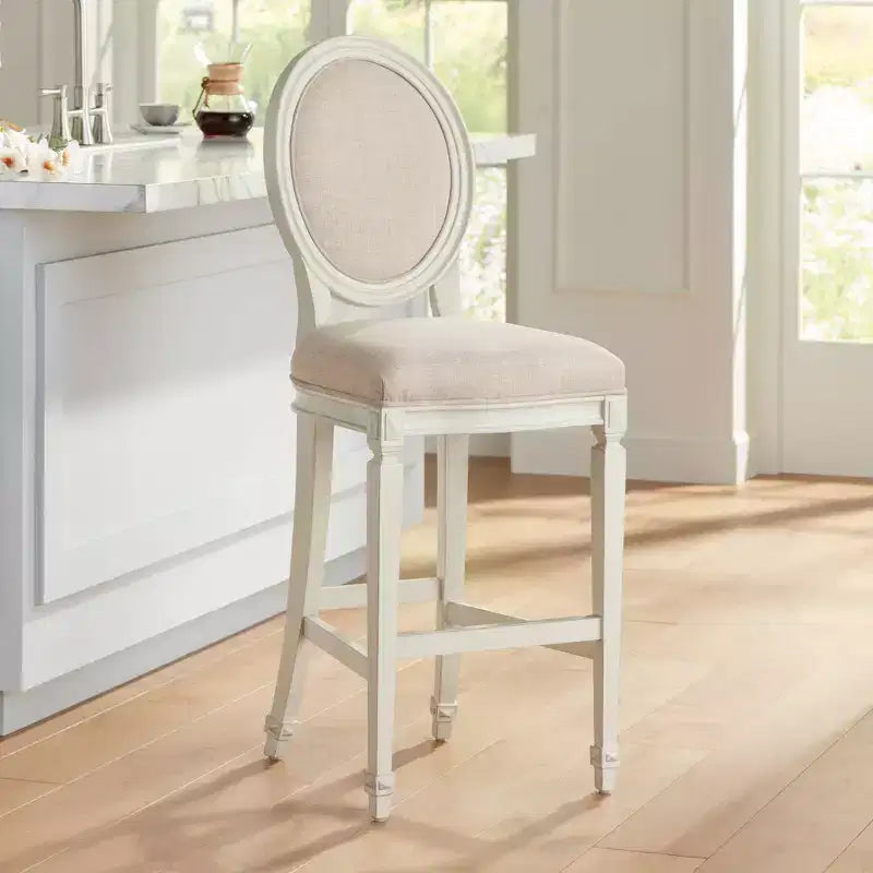 Tabouret de bar en bois 55 Downing Street, crème vanille, hauteur 31", coussin d'assise en amande style rétro vintage français, avec dossier et repose-pieds, pour îlot de cuisine à hauteur de comptoir