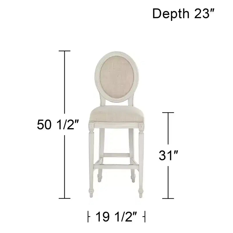 Tabouret de bar en bois 55 Downing Street, crème vanille, hauteur 31", coussin d'assise en amande style rétro vintage français, avec dossier et repose-pieds, pour îlot de cuisine à hauteur de comptoir