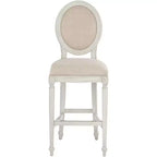 Tabouret de bar en bois 55 Downing Street, crème vanille, hauteur 31", coussin d'assise en amande style rétro vintage français, avec dossier et repose-pieds, pour îlot de cuisine à hauteur de comptoir