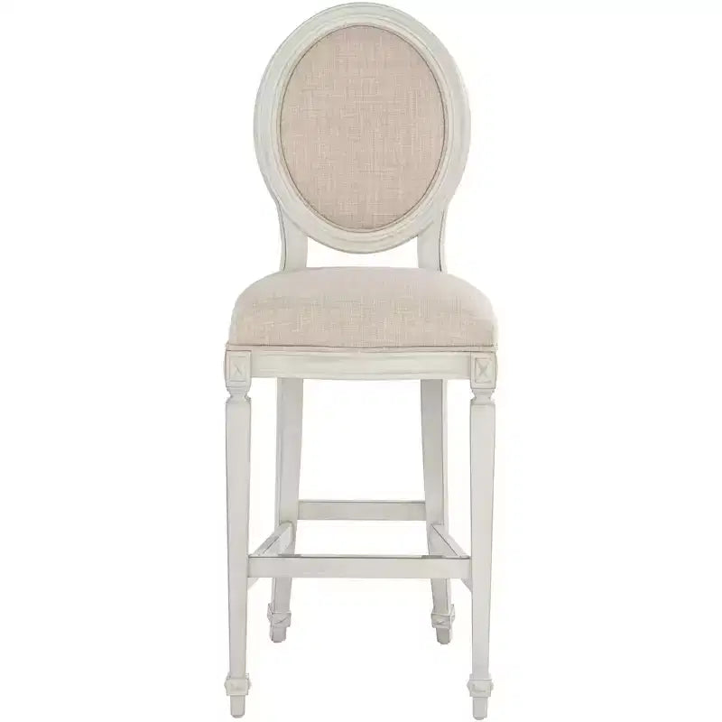 Tabouret de bar en bois 55 Downing Street, crème vanille, hauteur 31", coussin d'assise en amande style rétro vintage français, avec dossier et repose-pieds, pour îlot de cuisine à hauteur de comptoir