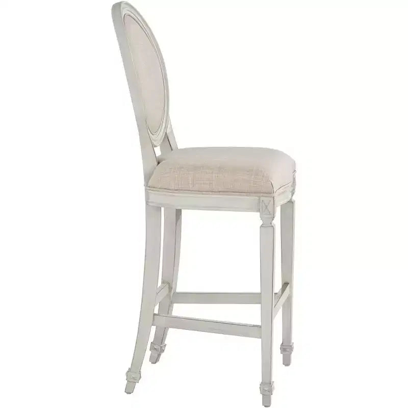 Tabouret de bar en bois 55 Downing Street, crème vanille, hauteur 31", coussin d'assise en amande style rétro vintage français, avec dossier et repose-pieds, pour îlot de cuisine à hauteur de comptoir