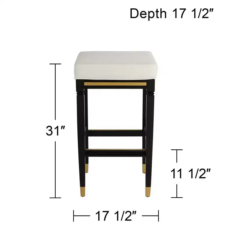55 Downing Street Jaxon Tabouret de bar en bois noir 31 po. de haut avec coussin en similicuir blanc moderne et repose-pieds pour comptoir de cuisine, îlot, cabanon ou maison