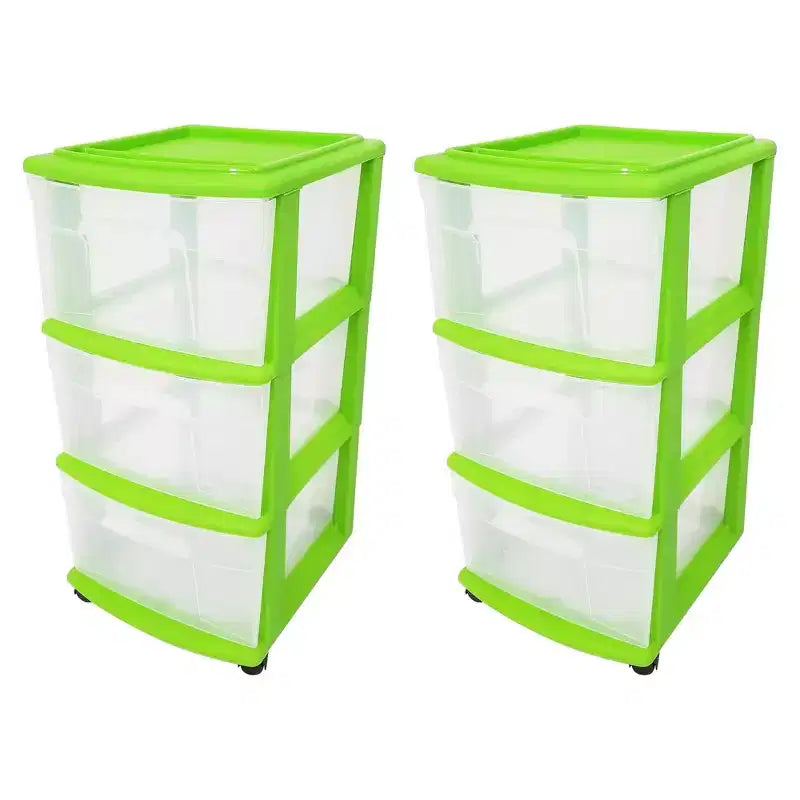 Tour de rangement moyenne Homz à 3 tiroirs, tiroirs transparents/cadre lime (paquet de 2)