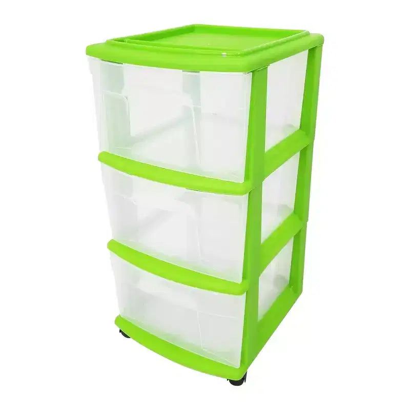Tour de rangement moyenne Homz à 3 tiroirs, tiroirs transparents/cadre lime (paquet de 2)