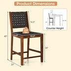 Costway Lot de 2 tabourets de bar tissés, chaises de salle à manger hauteur comptoir en similicuir PU pour cuisine