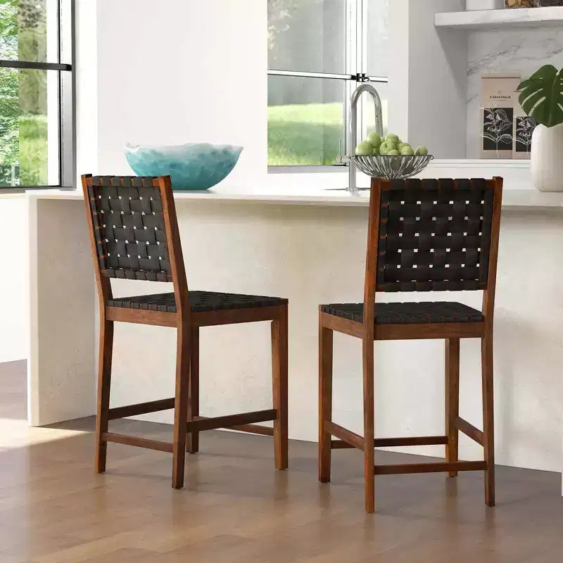 Costway Lot de 2 tabourets de bar tissés, chaises de salle à manger hauteur comptoir en similicuir PU pour cuisine
