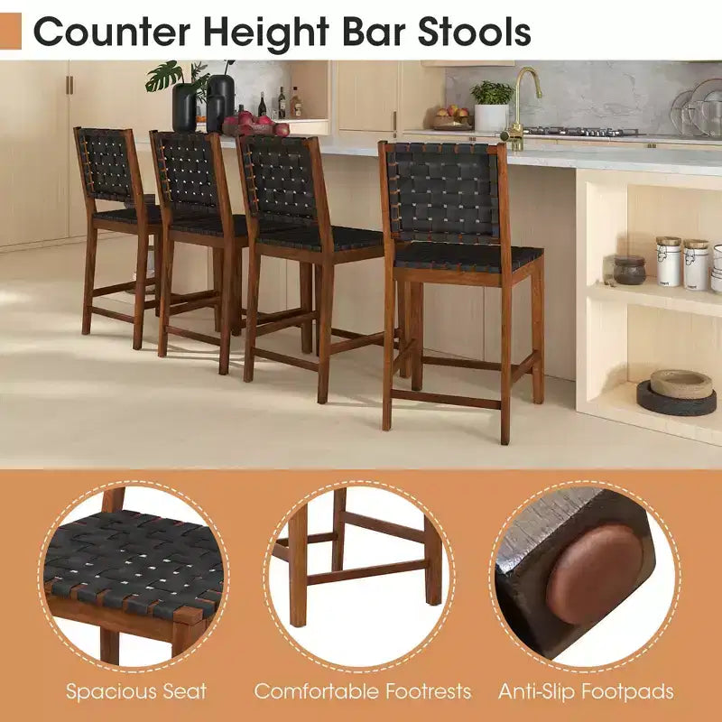 Costway Lot de 2 tabourets de bar tissés, chaises de salle à manger hauteur comptoir en similicuir PU pour cuisine
