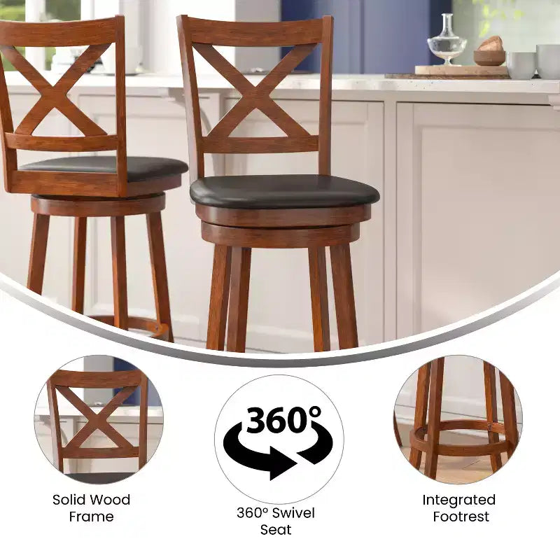 Tabouret de bar Emma et Oliver de style pub avec dossier en bois croisé et siège pivotant rembourré en similicuir