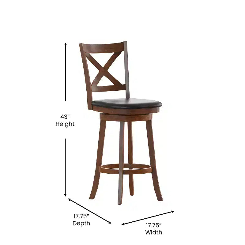 Tabouret de bar Emma et Oliver de style pub avec dossier en bois croisé et siège pivotant rembourré en similicuir