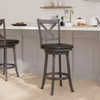 Tabouret de bar Emma et Oliver de style pub avec dossier en bois croisé et siège pivotant rembourré en similicuir