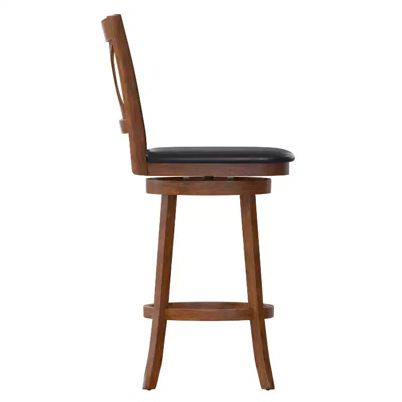 Tabouret de bar Emma et Oliver de style pub avec dossier en bois croisé et siège pivotant rembourré en similicuir