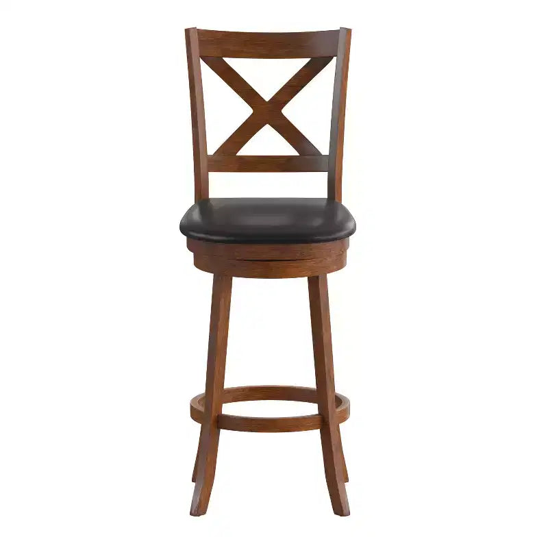 Tabouret de bar Emma et Oliver de style pub avec dossier en bois croisé et siège pivotant rembourré en similicuir