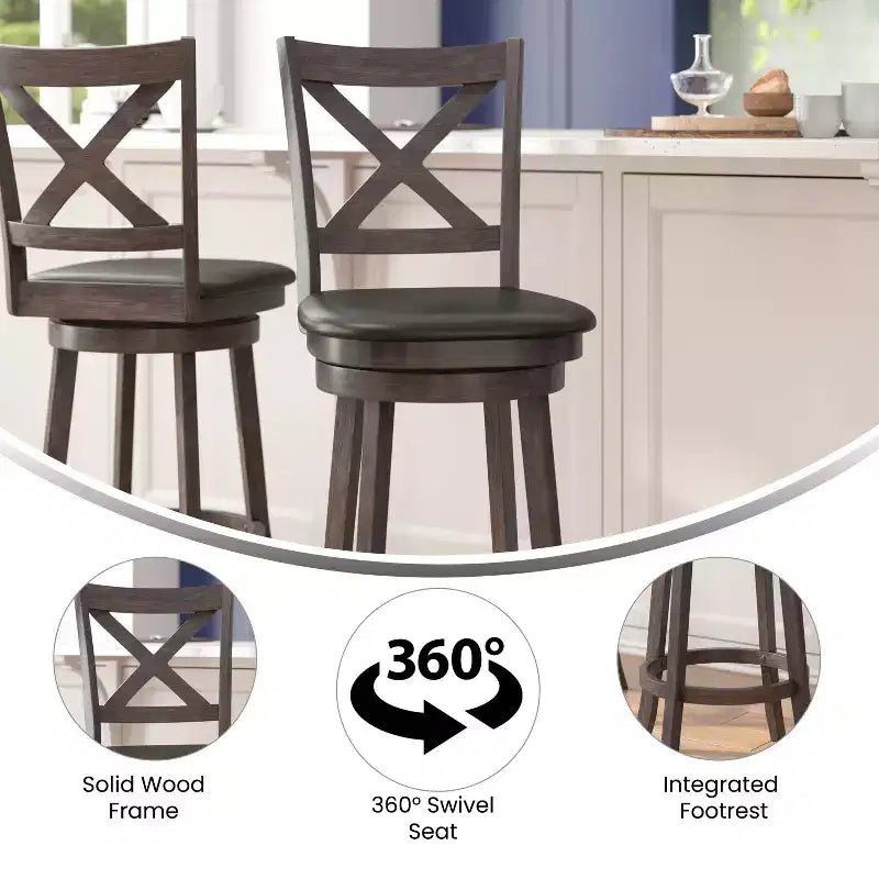 Tabouret de bar Emma et Oliver de style pub avec dossier en bois croisé et siège pivotant rembourré en similicuir