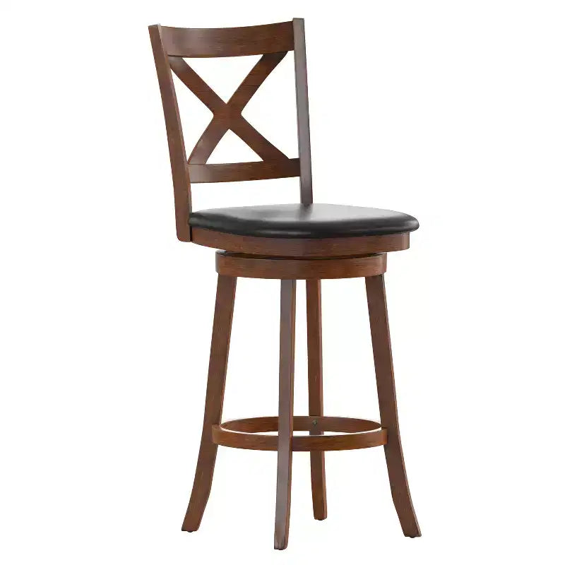 Tabouret de bar Emma et Oliver de style pub avec dossier en bois croisé et siège pivotant rembourré en similicuir