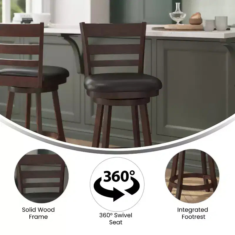 Tabouret de bar pivotant Flash Furniture Zerrick en bois de qualité commerciale, style échelle, hauteur comptoir avec siège rembourré et matelassé