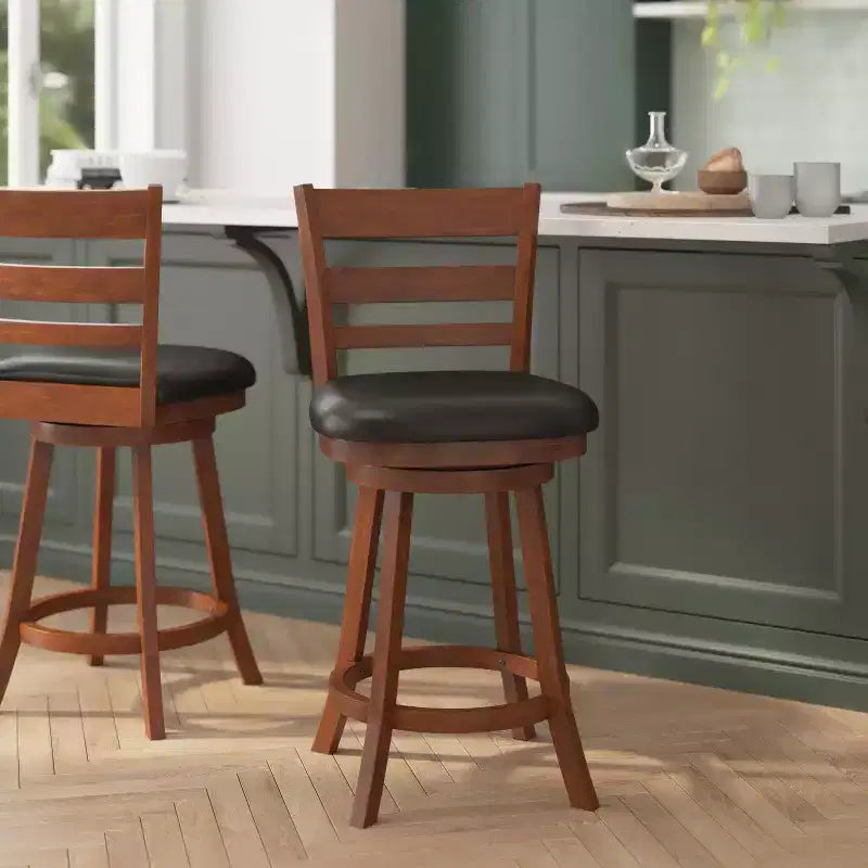 Tabouret de bar pivotant Flash Furniture Zerrick en bois de qualité commerciale, style échelle, hauteur comptoir avec siège rembourré et matelassé