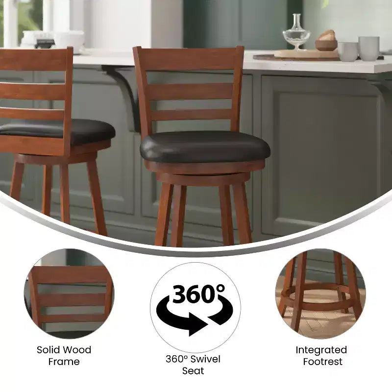Tabouret de bar pivotant Flash Furniture Zerrick en bois de qualité commerciale, style échelle, hauteur comptoir avec siège rembourré et matelassé