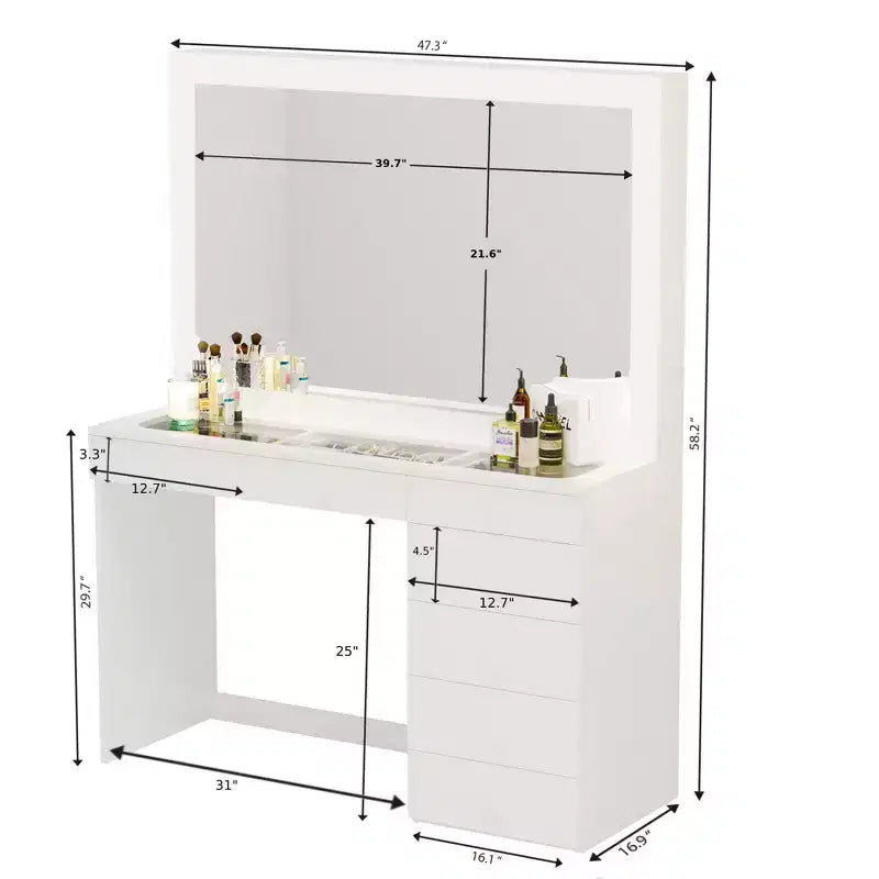 Coiffeuse Maquillage Lumineuse Boahaus Tatiana avec 7 Tiroirs, Prises de Courant et Ports USB