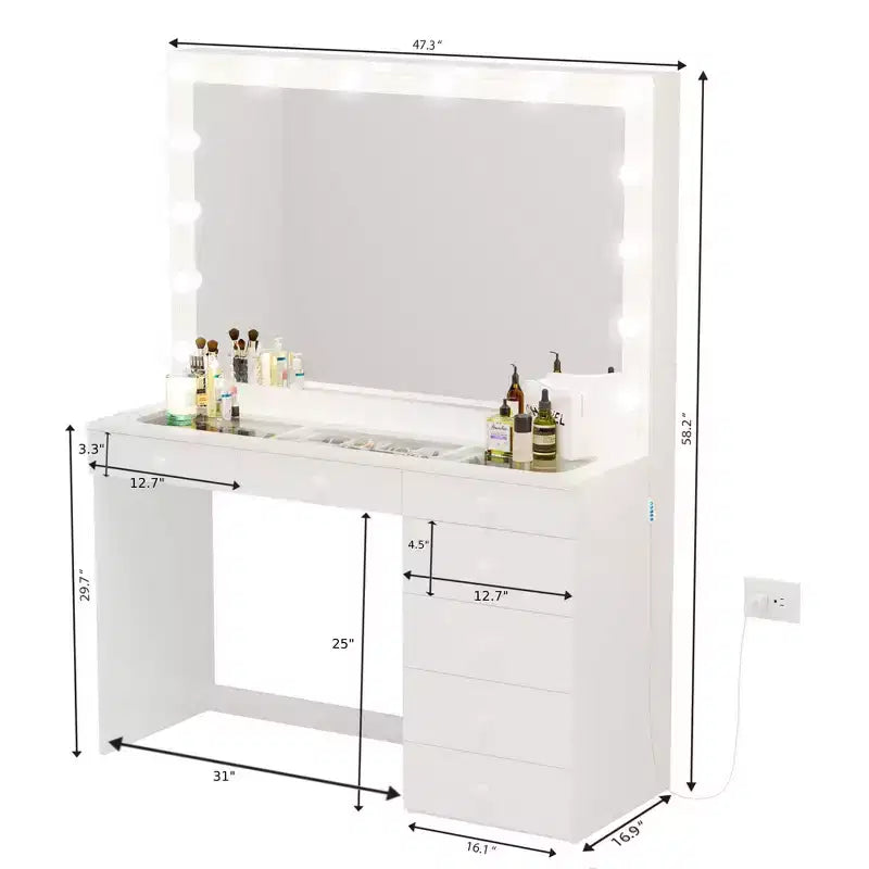 Coiffeuse Maquillage Lumineuse Boahaus Tatiana avec 7 Tiroirs, Prises de Courant et Ports USB