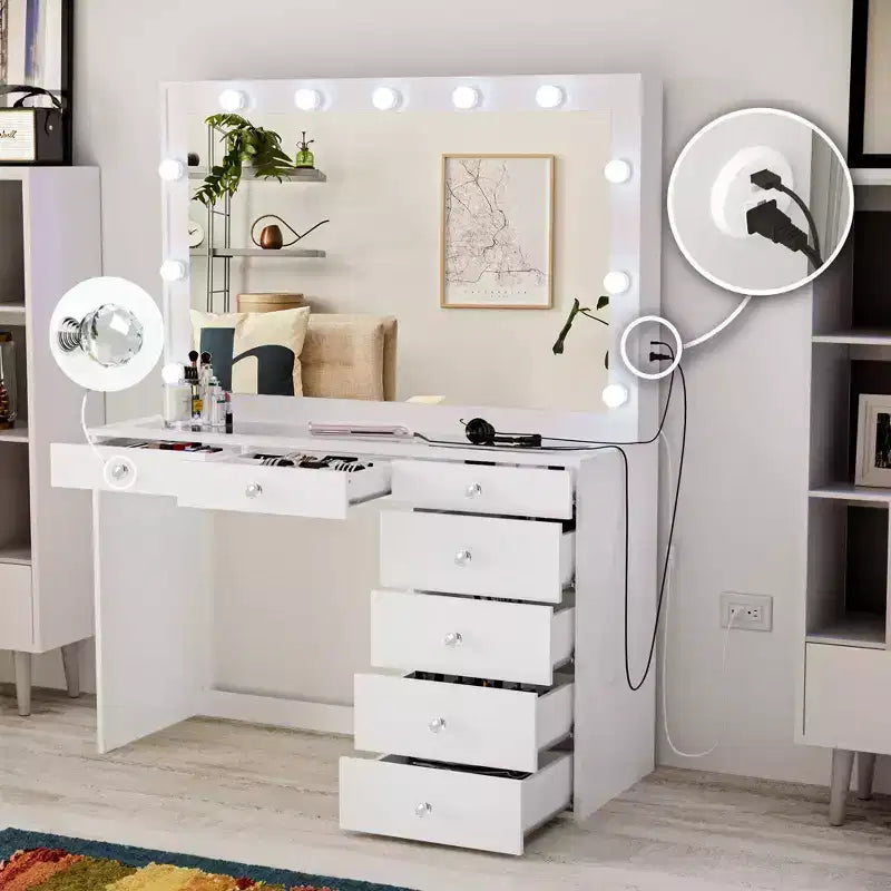 Coiffeuse Maquillage Lumineuse Boahaus Tatiana avec 7 Tiroirs, Prises de Courant et Ports USB