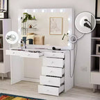Coiffeuse Maquillage Lumineuse Boahaus Tatiana avec 7 Tiroirs, Prises de Courant et Ports USB