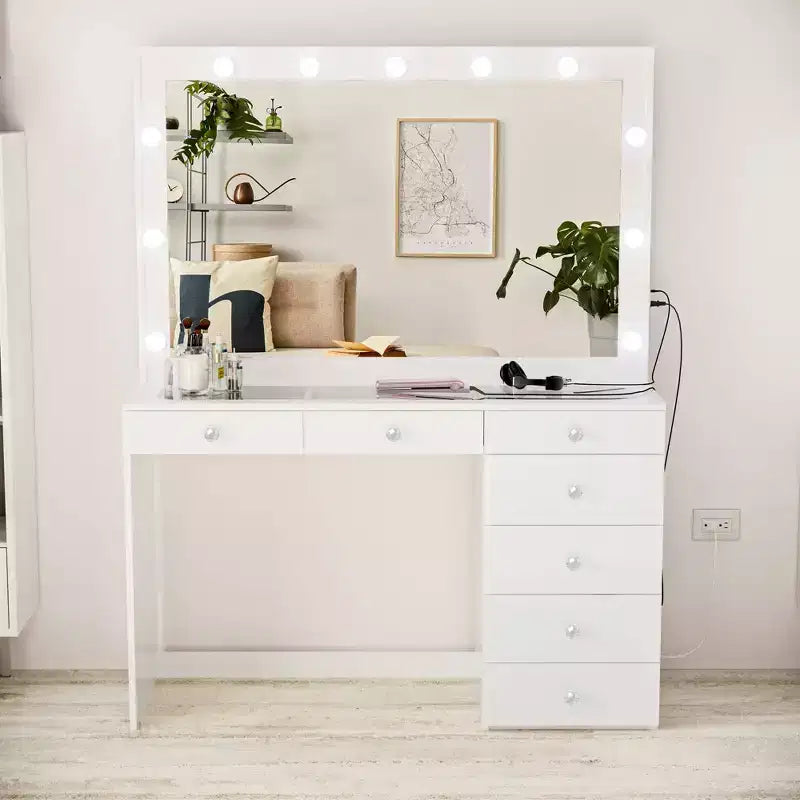 Coiffeuse Maquillage Lumineuse Boahaus Tatiana avec 7 Tiroirs, Prises de Courant et Ports USB