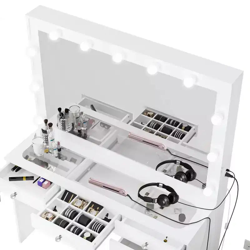 Coiffeuse Maquillage Lumineuse Boahaus Tatiana avec 7 Tiroirs, Prises de Courant et Ports USB